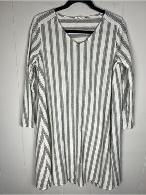 Eileen Fisher Cotton Linen Striped V-Neck Tunic Dress Coastal Lagenlook Size XS